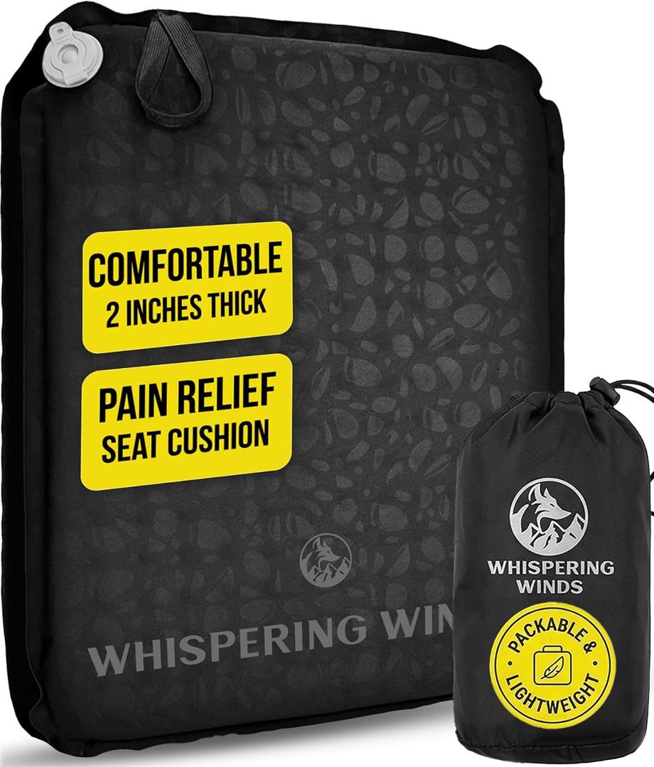 Whispering Winds Inflatable Seat Cushion - Comfortable Blow-up Foam Pad for Airplane, Travel, Stadium, Outdoors, Camping, Car & More