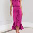 KIRUNDO Women 2026 Spring Summer Satin Mock Neck Wedding Guest Party Cocktail Midi Dress Sleeveless Wrap Ruffle Formal Dress (Pink, S)