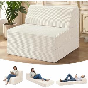 Kasunpul Folding Sofa Bed with Pillow, Memory Foam Fold Out Chair Bed, Convertible Sleeper Chair with Washable Cover, Futon Floor Couch for Living Room/Dorm/Guest Use/Home Office/Apartment, Beige