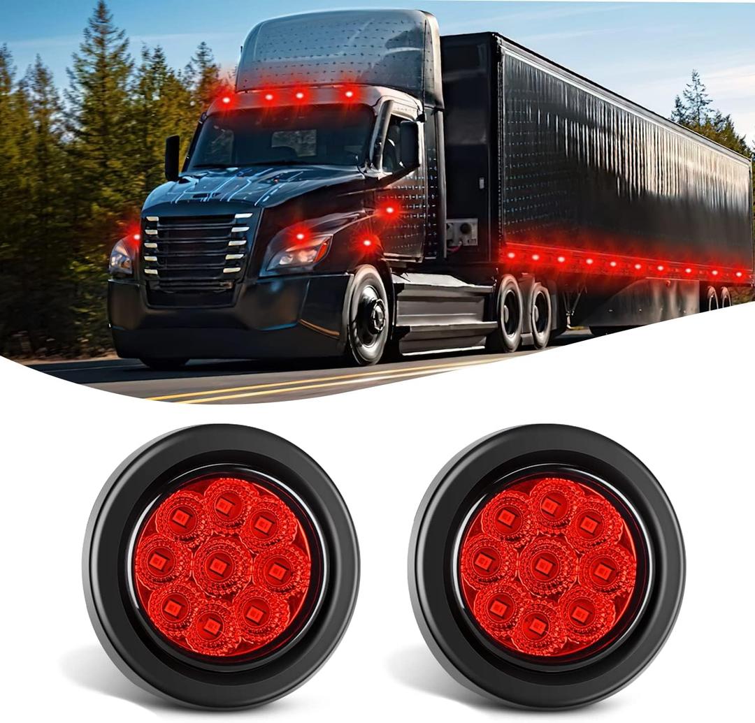 Nilight 2 Inch Round Marker Light 2PCS Red 9LED LED Indicator Clearance Lights Flush Mount with Plug Grommet Pigtail Hardwired for 12V Truck Trailer Tractor Buses Vans Boat