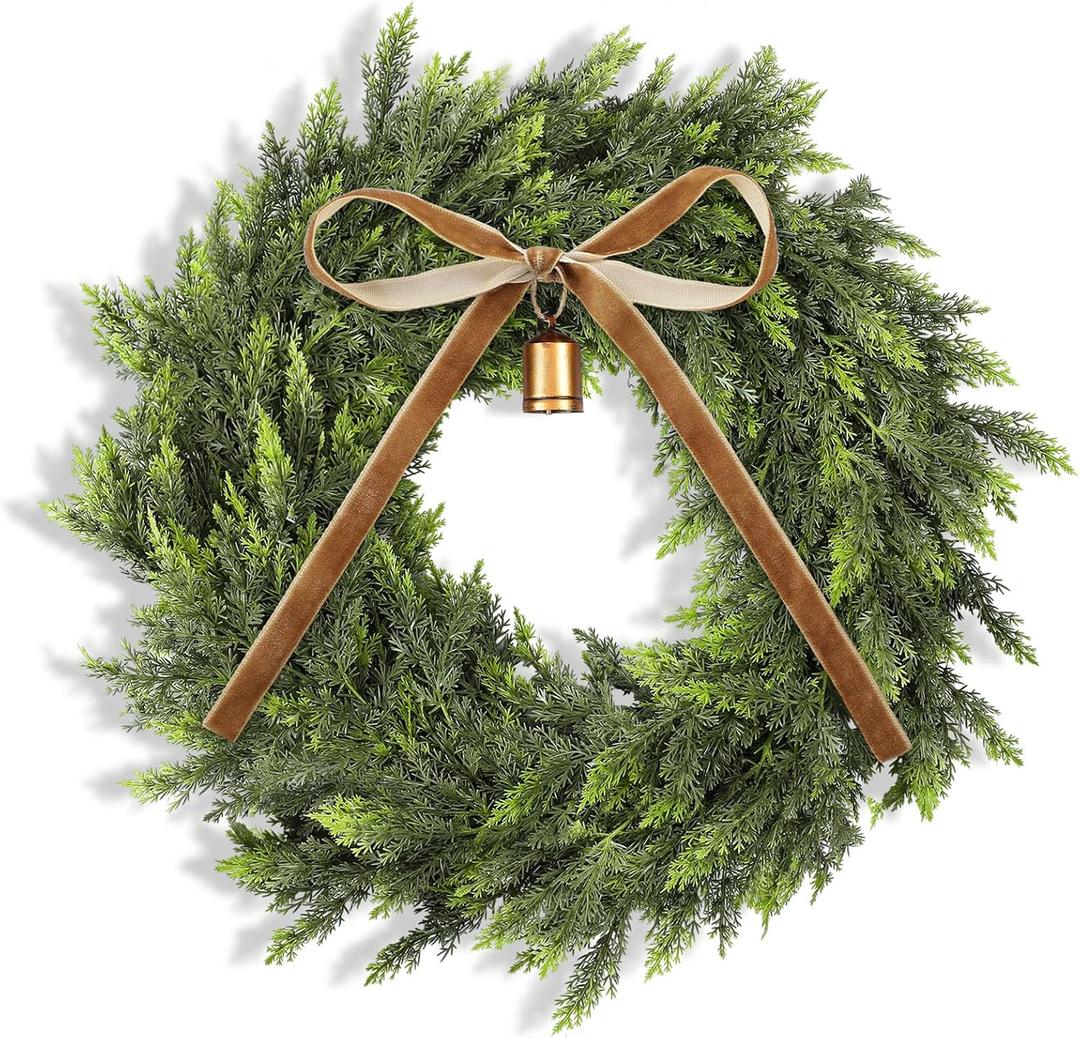 Dingion 12" Christmas Cedar Wreath Realistic Artificial Cedar Wreath for Front Door Small Fake Pine Cypress Wreaths with Cow Bell Velvet Ribbon for Xmas Holiday Outdoor Indoor Home Decor (Brown)