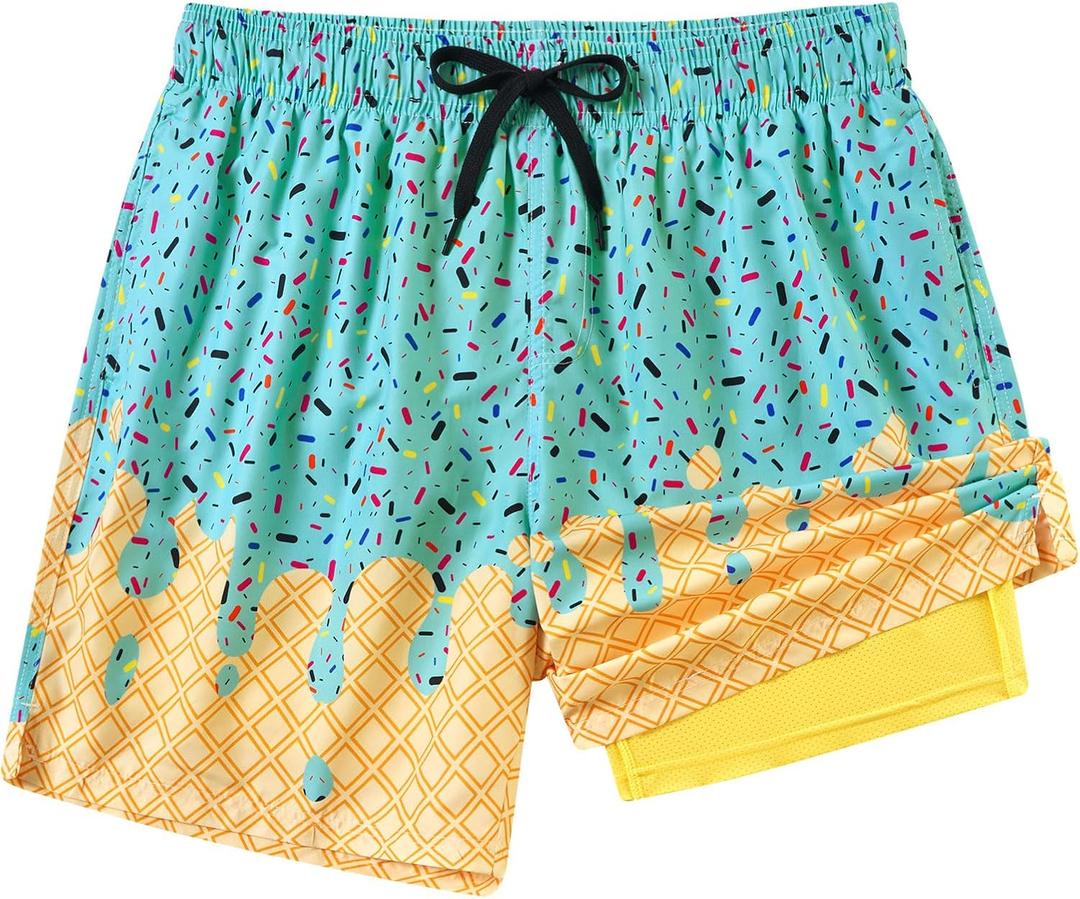 westwolf Men Swim Trunks 5.5 Inch Board Shorts 2 in 1 Swimwear with Compression Liner (Medium, A2 Green Yellow)