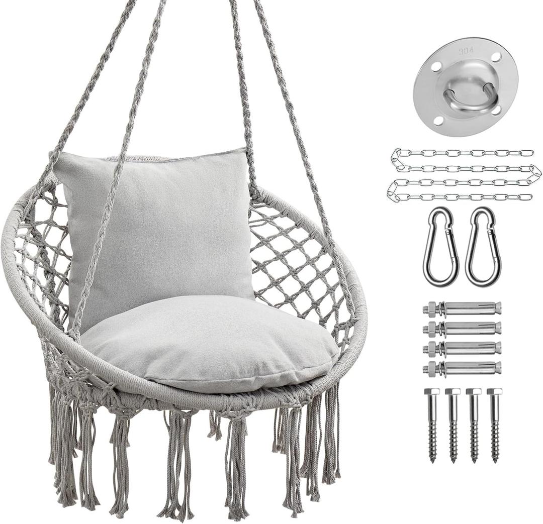 JoyView Macrame Hammock Chair Hanging Swing Chair Max 330 Lbs with 2 Cushions and Hardware Kits for Indoor Outdoor Bedroom Patio Garden - Light Grey