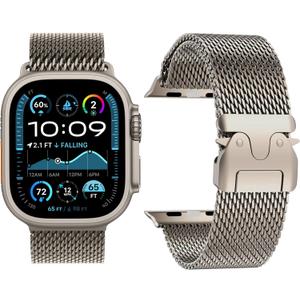 Milanese Loop Band Compatible with Apple Watch Bands Ultra 3/2/1 49mm 46mm 45mm 44mm for Women Men, Parachute-style Buckle Stainless Steel Metal Mesh Breathable Strap for iWatch Series 11 10 SE 9 8 7 6 5 4 (Natural Titanium)