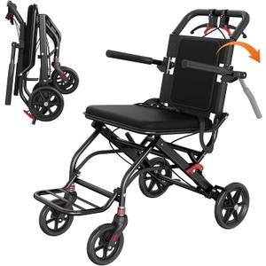 Lightweight Foldable Transport Wheelchair, Portable Travel Wheelchair with Handbrake for Adults & Seniors, Easy-Fold Design & Secure Locking Brakes Transfer Wheelchairs (Black)