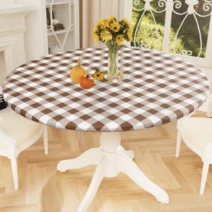 Smiry Round Picnic Tablecloth, Elastic Waterproof Fitted Vinyl Tablecloths for 36"-44" Tables, Flannel Backed Buffalo Plaid Table Cover for Dining, Camping, Outdoor, White and Brown