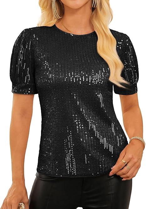GRACE KARIN Womens Full Sequin Tops Sparkle Glitter Blouses Lantern Short Sleeve Shirts Dressy Party Concert Outfits (Black)