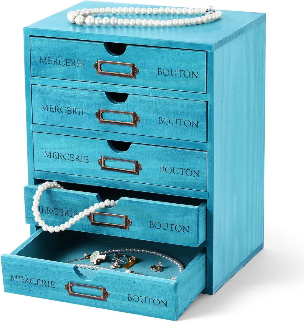 Wesiti 5 Drawer Vintage Wooden Desk Organizer, Apothecary Cabinet Storage Drawers, Rustic Shelf Drawer, Home Office Organizers and Accessories, Embroidery Floss, Craft, Art, Jewelry Storage, Stackable (Blue)