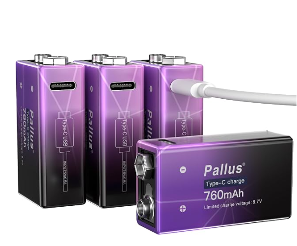 2 x Pallus 9V Rechargeable Battery Pack, 4-Pack 760mAh Li-ion USB 9 Volt Battery for Smoke Alarms, Wireless Microphones, Smoke Detectors, Toys, Flashlights, Guitar