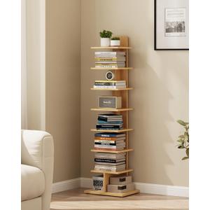 TUTOTAK Narrow Bookshelf, 8-Tier Bookcase, Spine Book Shelf for Small Space, Corner Standing Shelf for Living Room, Office, Study, Entryway, Natural BS06BN008
