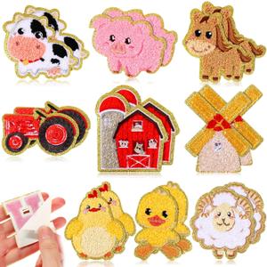 Geosar 18 Pcs Animals Iron on Cartoon Patches Appliques Farm Self Adhesion Chenille Repair Embroidered Patches for Pants Backpacks Jackets Gift(Farm Style)
