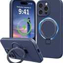 Compatible with iPhone 16 Pro Max Case Stand, Slim Liquid Silicone Phone Case Fit for iPhone 16 Pro Max Compatible with MagSafe Magnetic Ring Kickstand Case Full Camera Protection, Dark Blue