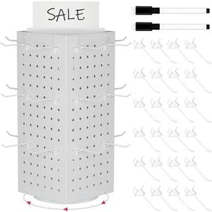 SIBRANT Rotating Pegboard Display Stand With 24 Hooks,Spinning Peg Board Displays,Tabletop Metal Pegboard Shelf for Craft Shows & Fairs, Retail Stores, Vendors Arts and Crafts (White)