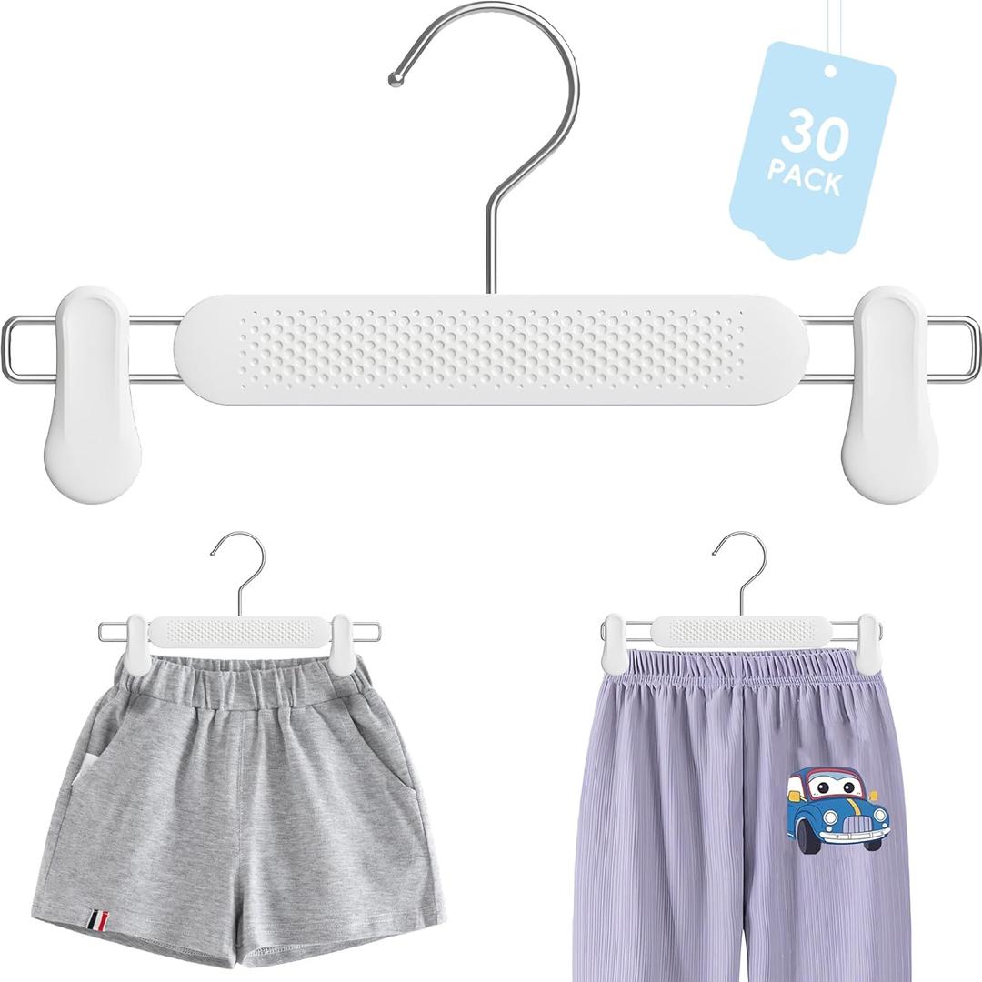 Baby Kids Pants Hangers with Clips 30 Pack, Frosted Embossing Adjustable Heavy Duty Skirt Hangers for Women Toddler, Children, Space Saving Non-Slip with 360 Swivel Hook (White)