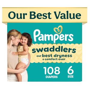 Swaddlers Diapers, Size 6 (23-44 lbs), 108 Count, Absorbent, Keeps Baby Dry and Comfortable, Pediatrician Recommended Skin Safe Disposable Baby Diaper