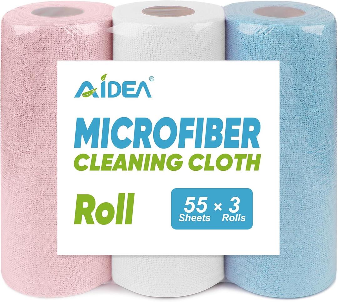 AIDEA Microfiber Cleaning Cloth Roll 165 Sheets(3 Roll), Tear Away Microfiber Towels, Reusable Paper Towels, Washable Shop Rags, Scratch Free, Absorbent Dish Rags for Car, Home, Shop, 11" x 9"