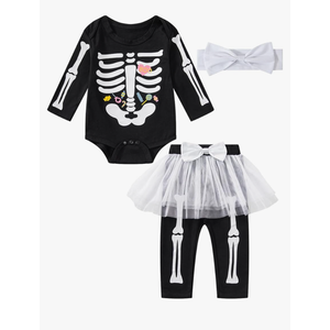 Newborn Baby Girls Skeleton Costume Outfit Funny Halloween Skull Tulle Skirt Romper Pants Set, Black, 18-24 Monts