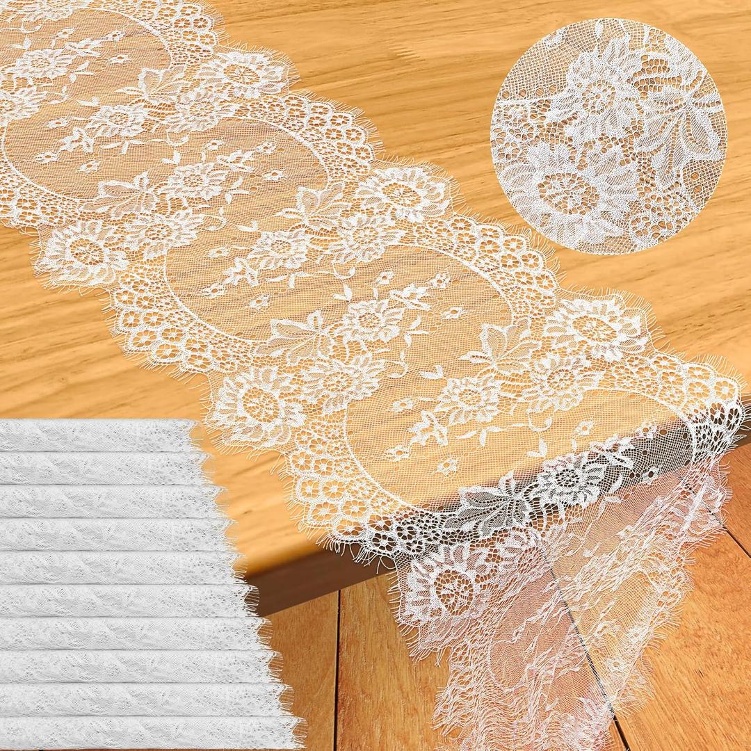 12 Pack Lace Table Runner 14 x 120 Inch White Rustic Lace Fabric Table Runners with Rose Embroidered Floral for Wedding Bridal Vintage Boho Table Runners Thanksgiving Christmas Party Decoration