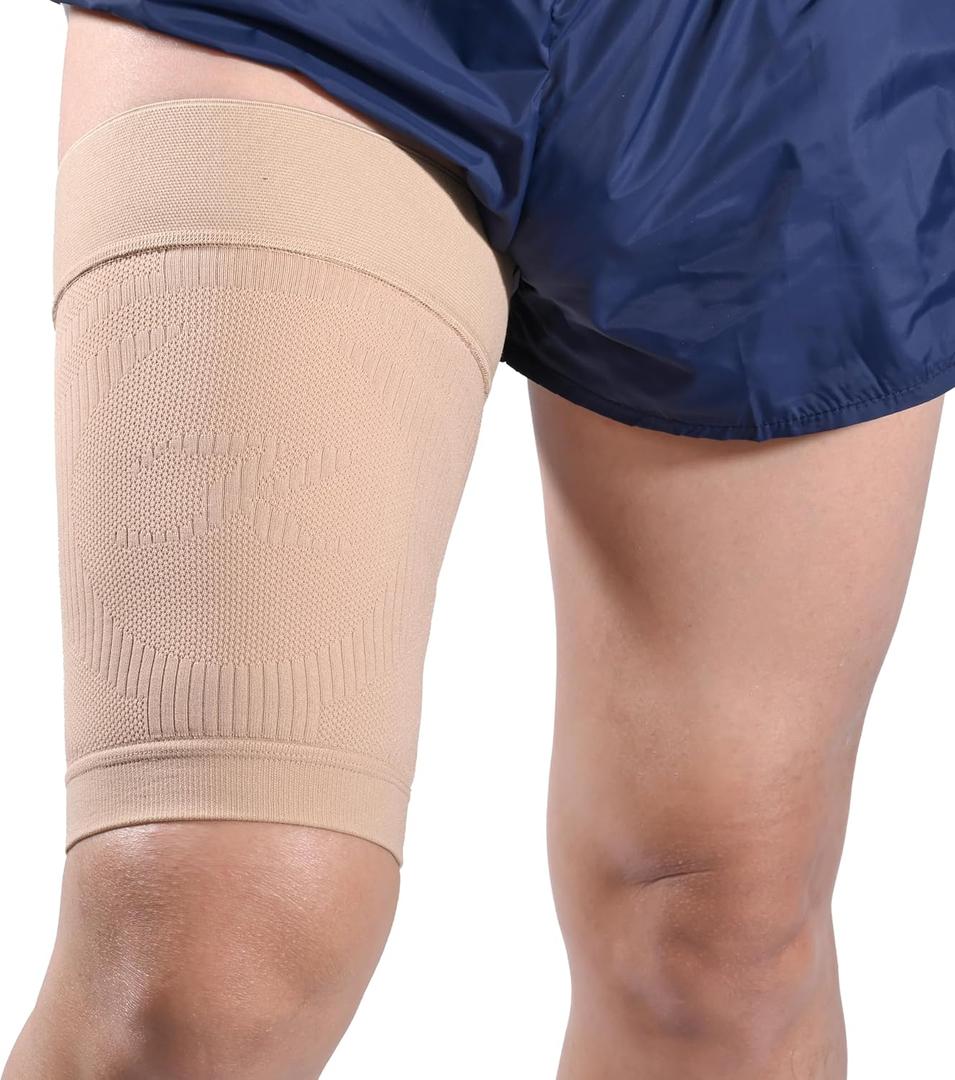 Thigh Compression Sleeves (Pair) for Women & Men, Hamstring Compression Sleeve for Quad & Groin Pain Relief & Recovery, Thigh Brace & Wrap Great for Running Sports & Injury, Upper Leg Sleeves Beige, L