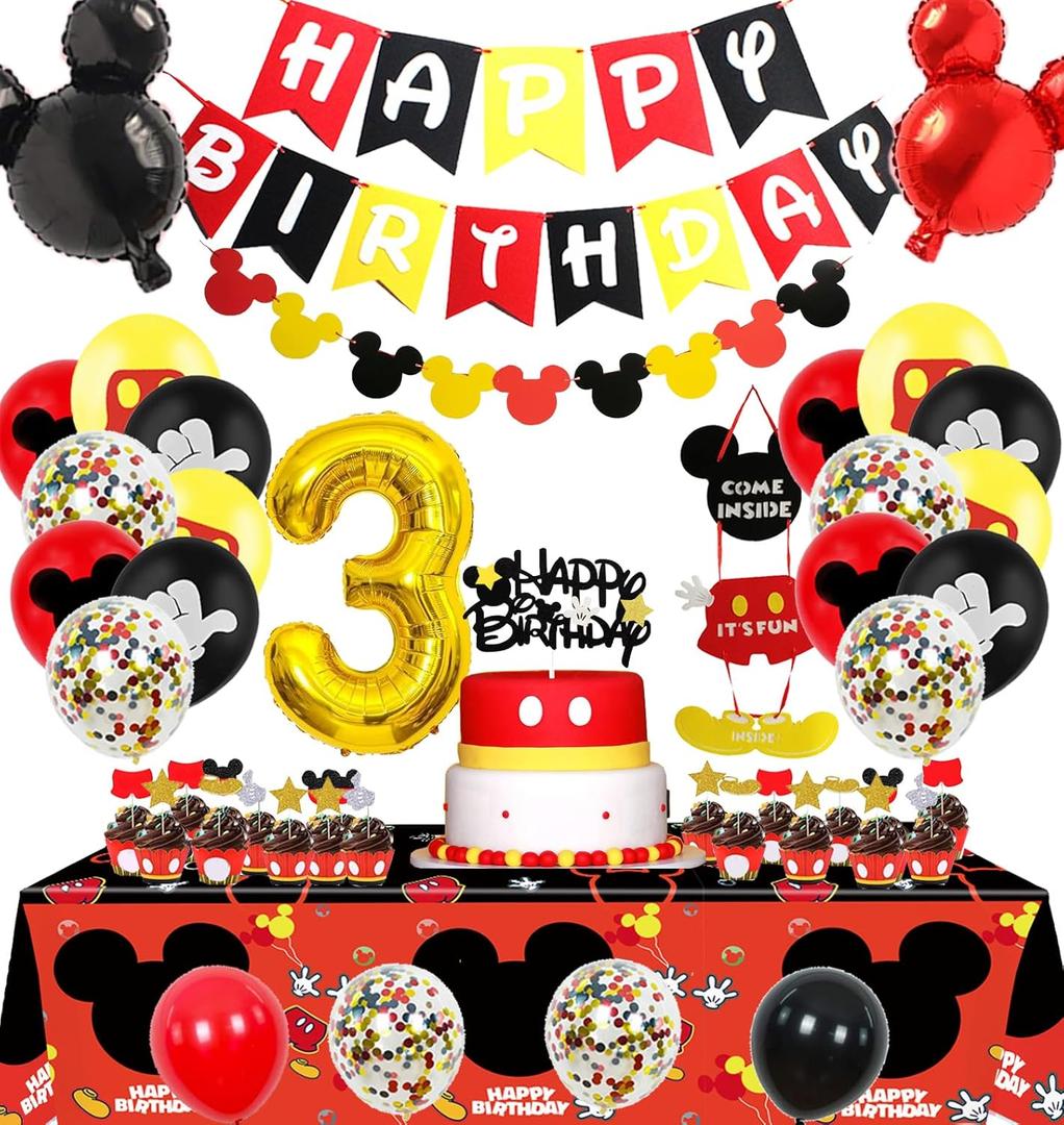 Cartoon 3rd Birthday Party Decorations - 3 Years Old Boy Party Supplies Includes Birthday Banner Garland, Door sign, Tablecloth, Cake Cupcake Toppers, Mouse Head Balloons, Latex Balloons