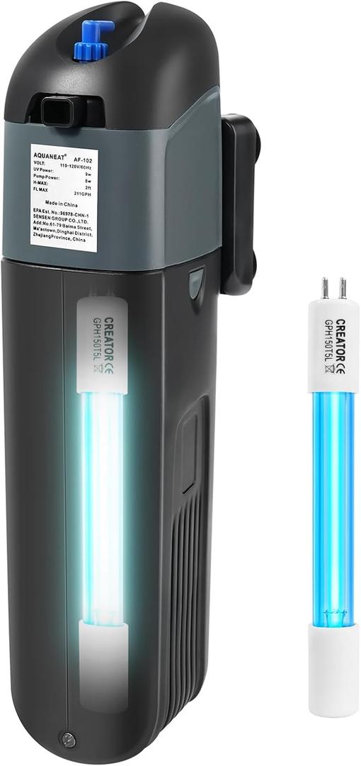 AQUANEAT Aquarium Filter 5W with Spare UV Bulb Green Water Killer Submersible Pump Filter 132 GPH for 75 Gallon Fish Tank (5W)