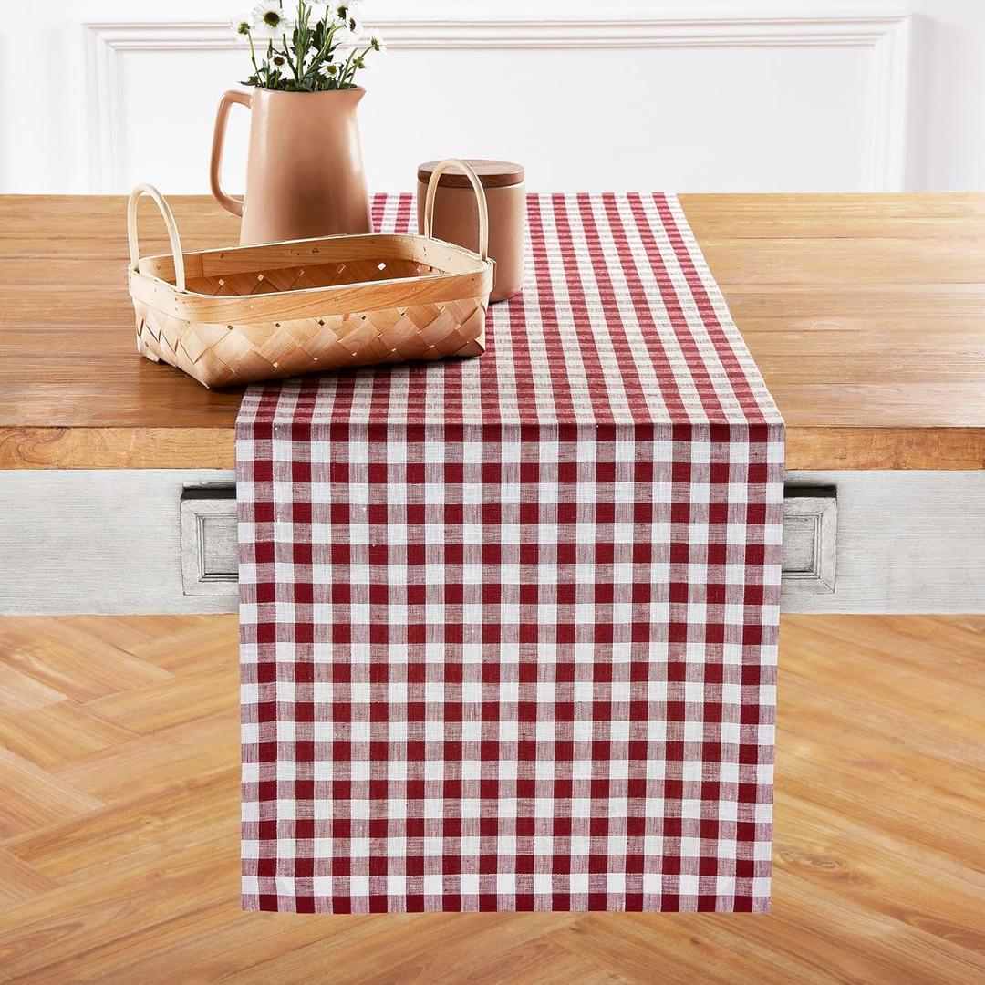 Solino Home Gingham Table Runner 120 Inches Long - 100% Pure Linen Burgundy Checkered Table Runner 14 x 120 Inch Ideal for Dining (14 x 120 Inch, Burgundy)