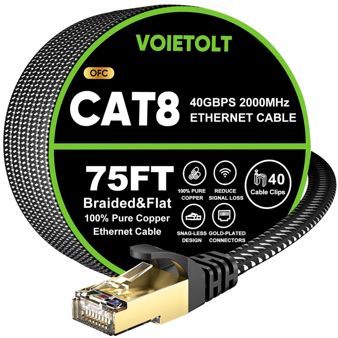 Cat 8 Ethernet Cable 75 FT Flat, High Speed 40Gbps 2000Mhz Braided Internet Cable with Gold Plated RJ45 Network LAN Cable SSTP, Heavy Duty Ethernet Cord Compatible for PS4/5, for Modems, PC/Laptop
