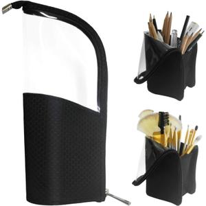 ANEMEL Black Travel Makeup Brush Holder, Organizer Bag Cosmetic Zipper Pouch Portable Dust-Free Stand-Up Toiletry Stationery