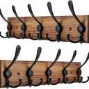 Kuhome 2pcs Coat Rack Wall Mount Wooden Hat Rack for Wall Hooks Pine Real Wood Plank 16.9" Brown Coat Hanger with 5 Triple Hooks for Hanging Coat Hat Jacket