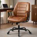 Brown Leather Office Chair with Quiet Rubber Wheels and Lumbar Support, Mid-Back Ergonomic Desk Chair with Removable Armrests, Height Adjustable Computer Chair for Home Office