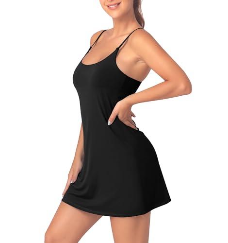 Leovqn Women's Tennis Dress With Built-in Bra & Shorts - Athletic Workout Dress With Adjustable Straps, Pockets for Exercise, Golf - Black Size Small