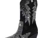 Women's Sparkly Rhinestone Bling Cowgirl Suede Western Boots Shiny Pointed Toe Chunky Heel Glitter Ankle Booties (10, Black)