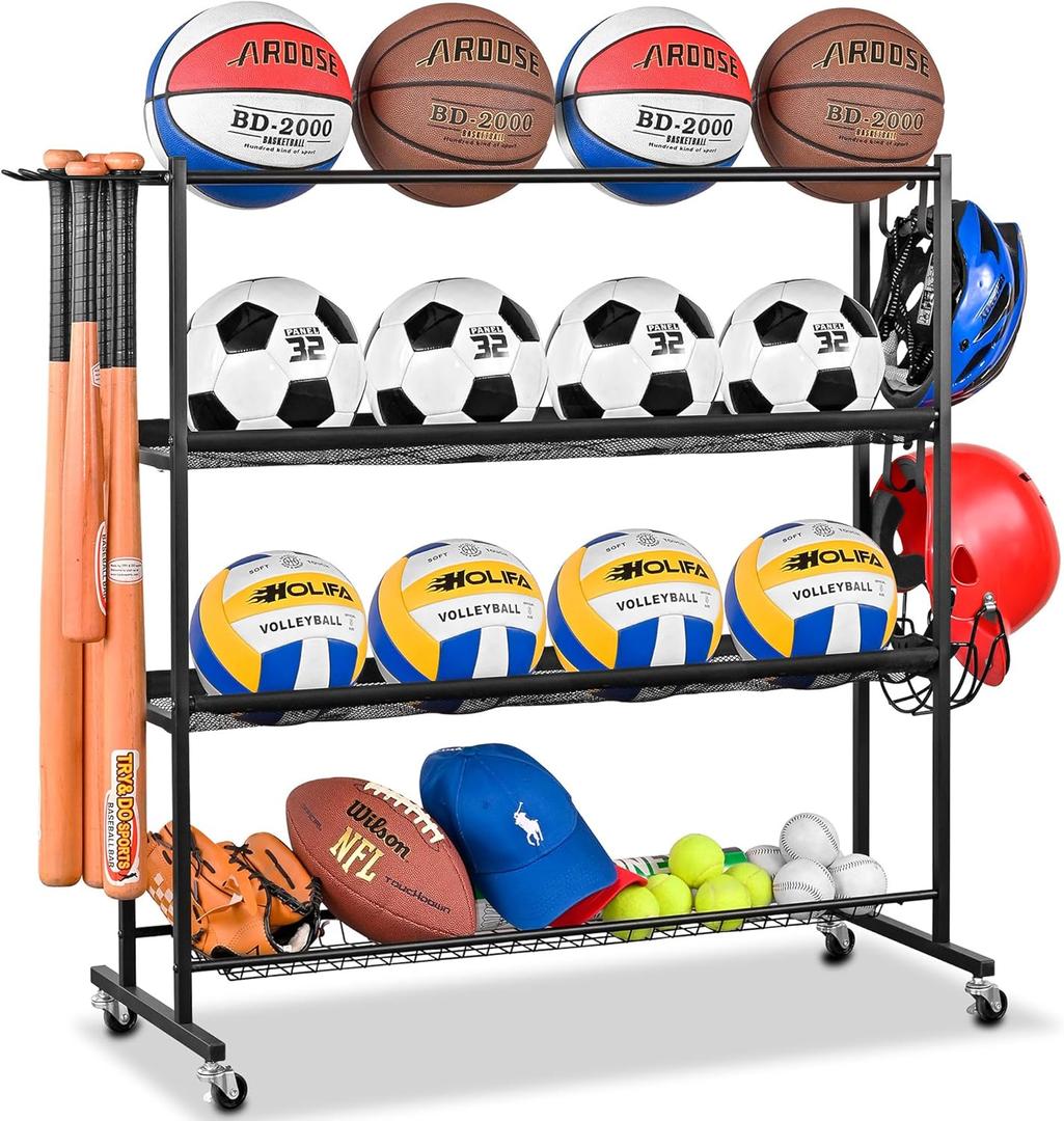 Mythinglogic Basketball Rack, Ball Storage with Baseball Bat Holder, Rolling Ball rack with Removable Nylon Mesh for Various Ball Sizes, Basketball Holder for Football Basketball Soccer Ball