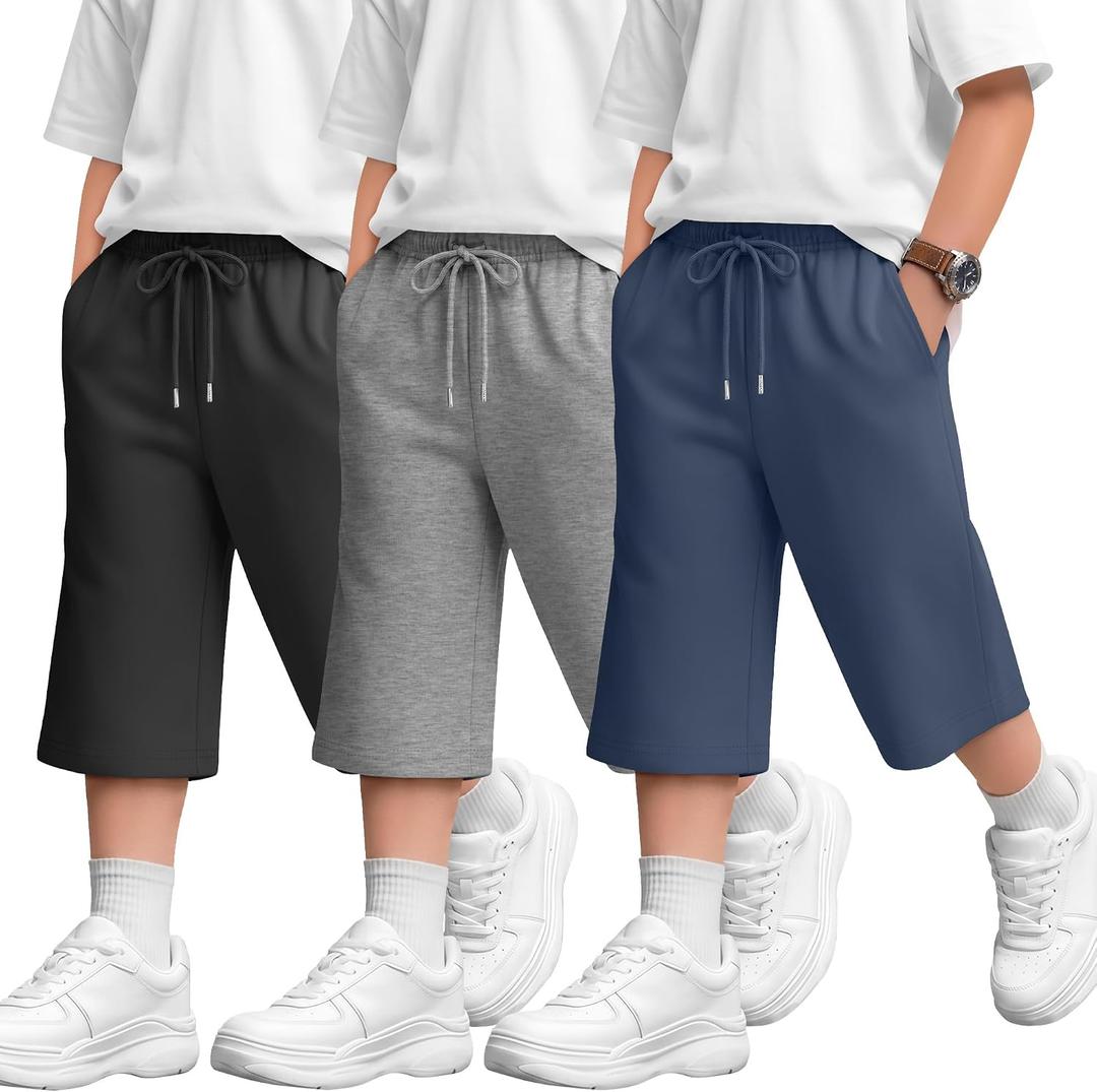 3 Pack Boys' Capri Pants | Wide Leg, Casual, Drawstring Capri Sweatpants, Basic, Athletic Cropped Pants, with Pockets