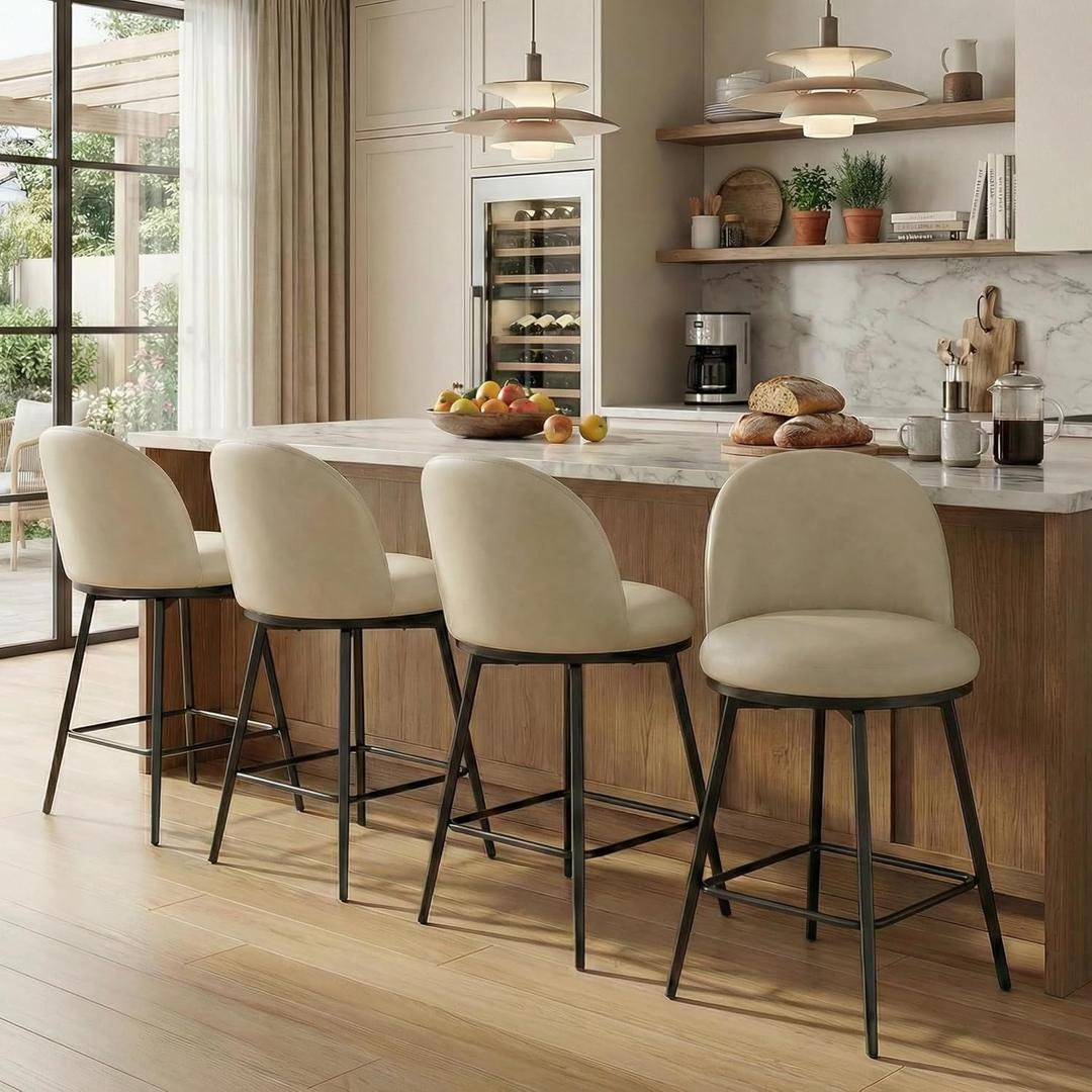 26" Counter Height Swivel Bar Stools Set of 4, Upholstered Faux Leather Barstools with Backs and Metal Legs for Kitchen Island,Cream