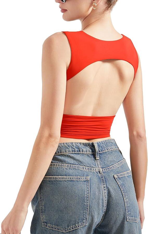 SUUKSESS Women Sexy Backless Tank Top Going Out Double Lined Y2k Basic Crop Tops Small
