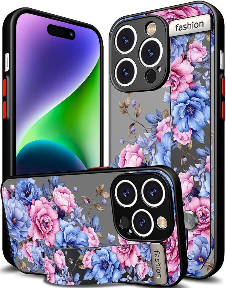 Compatible for iPhone 14 Pro Max Case Cute with Strap Stand Finger Kickstand, Designer Cool Silicone Cases Funda Cover - Pink Rose Flowers Peonies