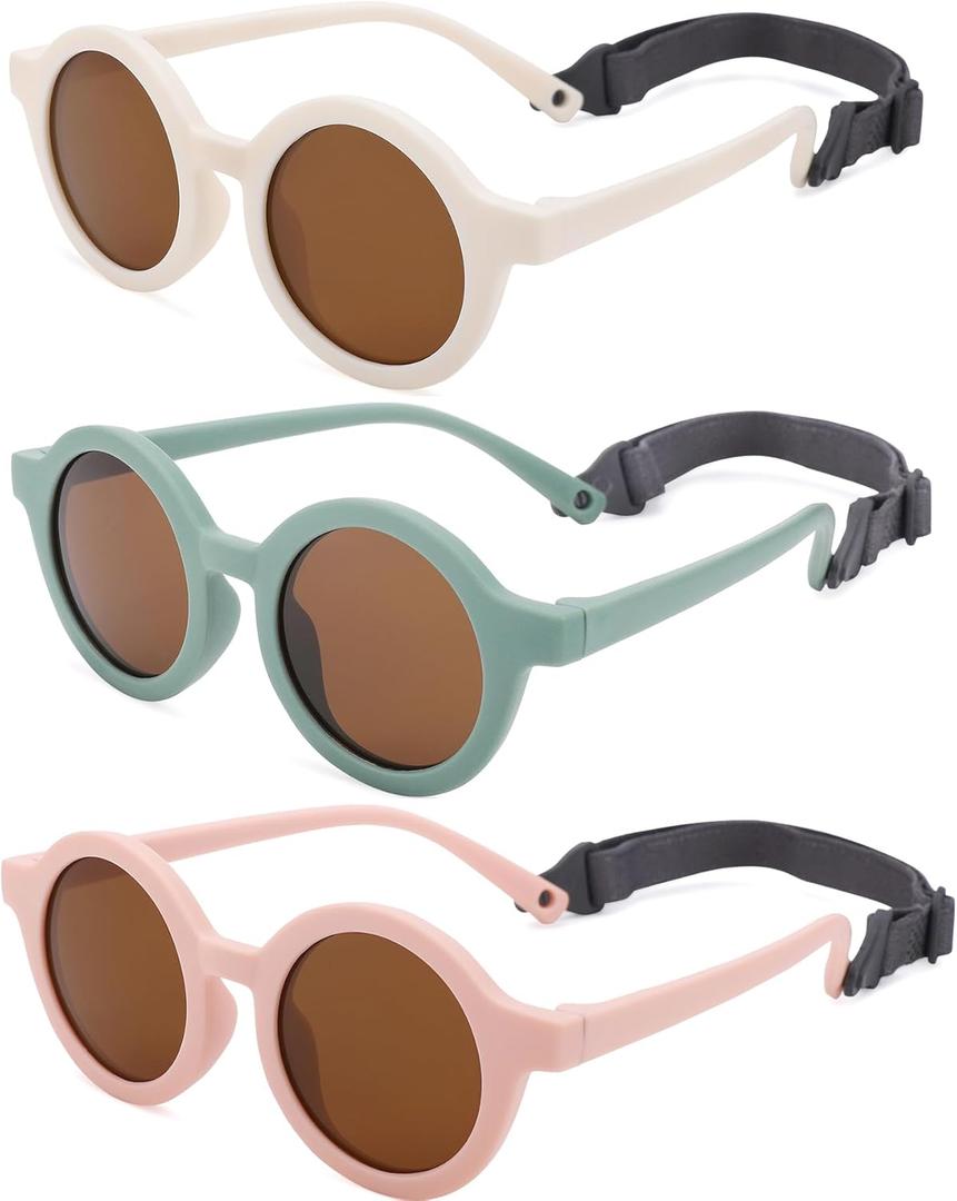 Polarized Baby Sunglasses with Strap - Unbreakable Infant Sunglasses for Newborn Toddler Boys Girls Age 0-12 Months (A1 White / Brown + Green / Brown + Pink / Brown)