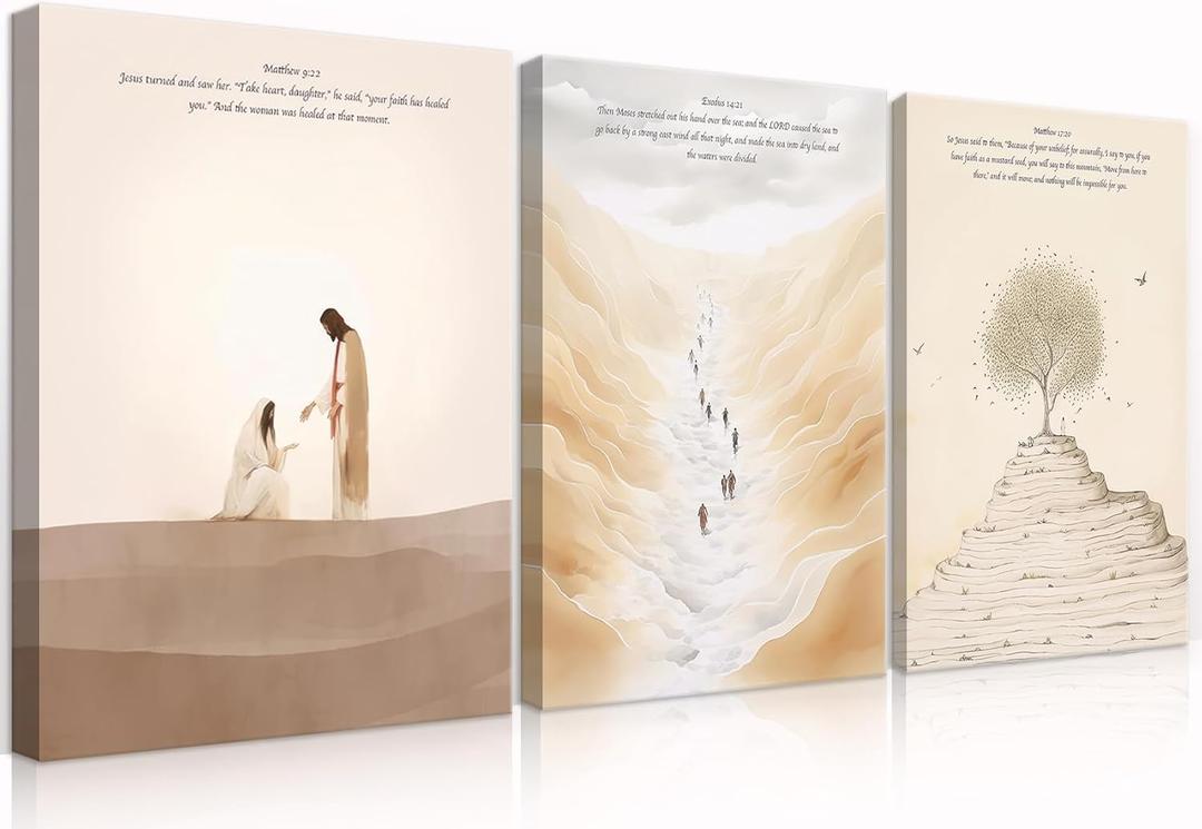 LSXARTQQ Set of 3 Christian Canvas Wall Art Bible Verses Wall Decor Boho Religion Pictures Prints Christ Jesus Wall Art Scripture Paintings Wall Art Artwork for Living Room Bedroom Church(16x24inch)