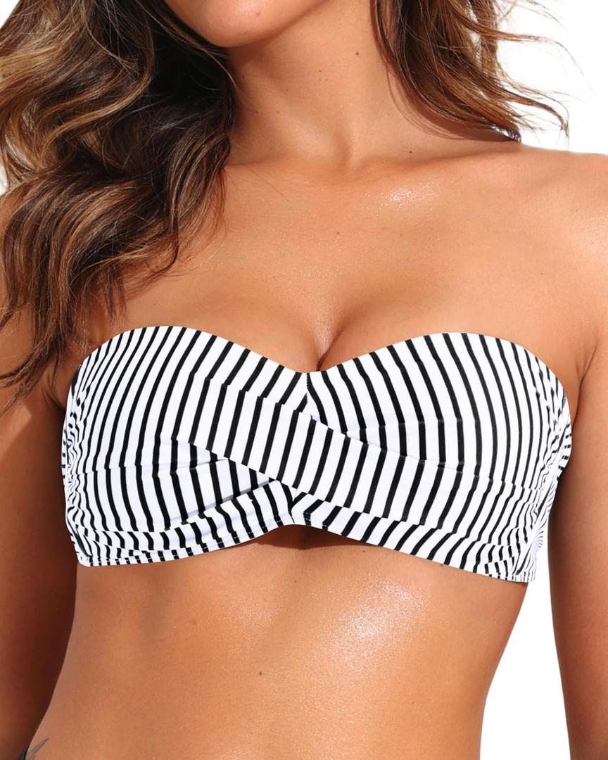 Tempt Me Women Twist Bandeau Bikini Top Strapless Swimsuit Top Only, Black White Stripe Medium
