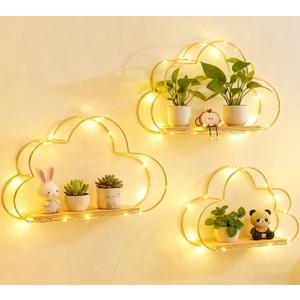 Floating Cloud Shelves for Wall 3 Pack, Mini Cute Floating Shelves with LED Lights for Kids Room Decor, Hanging Display Wall Shelf for Bedroom Kitchen Living Room Decor