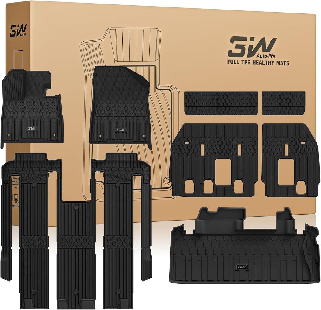 3W Floor Mats & Cargo Liner for Toyota Sienna Platinum 2024-2026, TPE | Custom Fit TPE Liner, Trunk Mat & Backrest Mats; Only for Platinum Version with Refrigerator, 7 Seat (w/o Spare Tire
