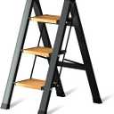 3 Step Ladder Aluminum Lightweight Folding Step Stool for Adults with Anti-Slip Sturdy and Wide Pedal, with 330 Lbs Capacity Multi-Use for Household and Kitchen Portable Stepladder, Black-Wood