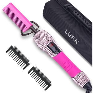LURA Pink 180-500F Hot Comb Electric for Wigs, Straightening for African American Hair,Pressing for Natural Black, Bling Diamonds Straightener Brush for Women Thick Hair