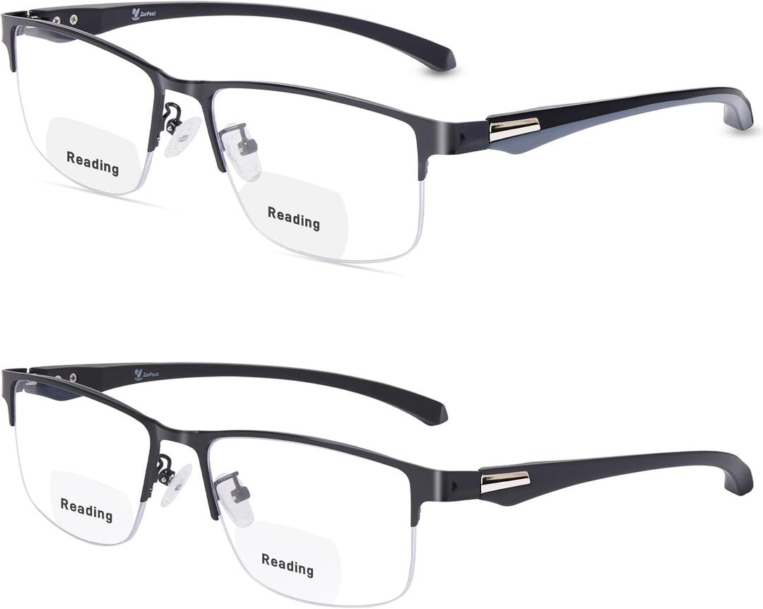 2 Pack Men's Bifocal Reading Glasses Clear Top Blue Light Blocking,Lightweight Rectangular Semi-Rimless Metal Frame TR90 Temples Readers,1.75x (Black/Grey Bifocal)