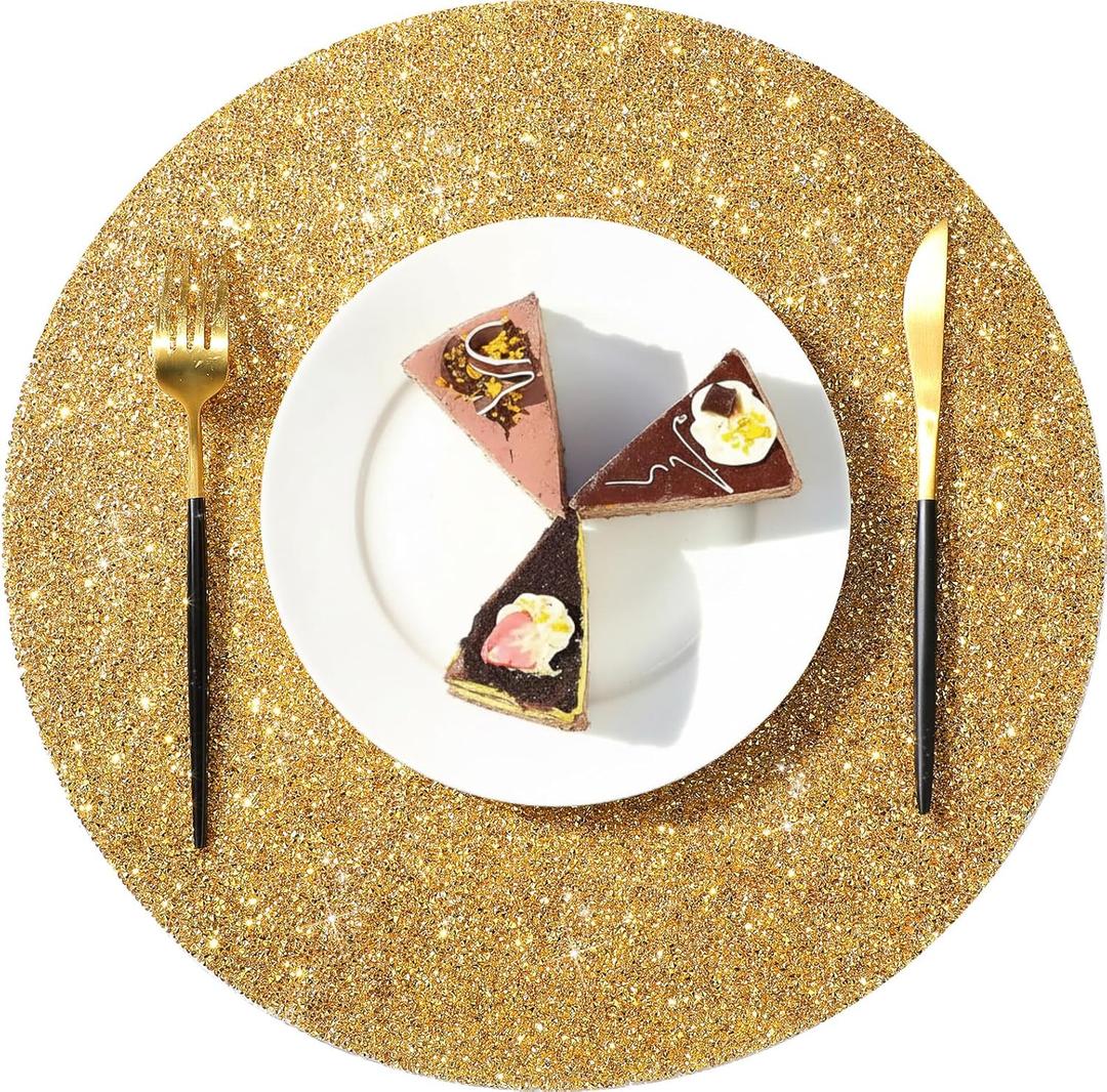 Blulu 4 Pieces Round Rhinestone Placemat 15 Inch Glitter Sparkle Placemat Crushed Bling Place Mats Decorative Table Mats Washable for Christmas Kitchen Wedding Banquets Table Decoration (Gold)
