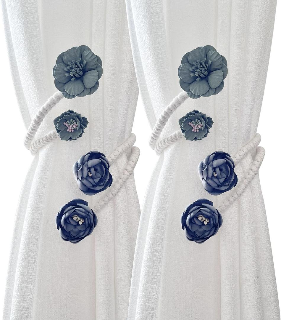 Flower Curtain Tiebacks with No Drill Installation, Fancy Decorative Holdbacks for Living Room, Bedroom, and Dining Room – Easy to Install and Adjustable, 2pcs Blue