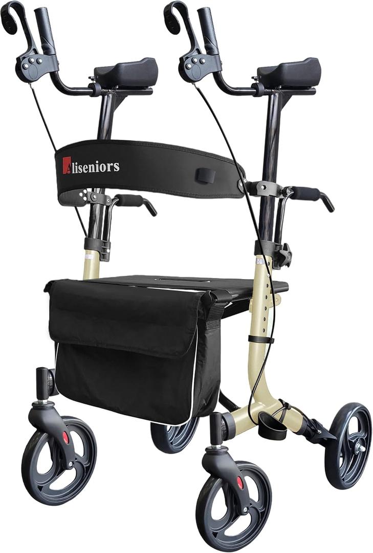 Aliseniors Upright Walker for Seniors, Foldable Rollator with Seat, Gold | 20.6" Wide Seat, 8" All-Terrain Wheels, Adjustable Armrests, Improves Posture, 300lbs , Dual Brakes, for Users 5'2" to 6'2"