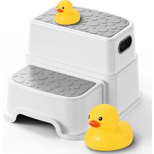 Toddler Step Stool for Potty Training, Bathroom Sink & Toilet - 2 Step Kids Poop Stool, Non-Slip Step Stool with Handles, Dual Height Stepping Stool for Kitchen Counter (Include 2 Ducks)
