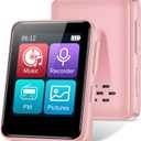 MP3 Player with Bluetooth, 1.8 inch Screen Portable Music Player with Speaker, FM Radio, Recorder, Expansion to 512GB, Pink with 32GB Micro SD Card